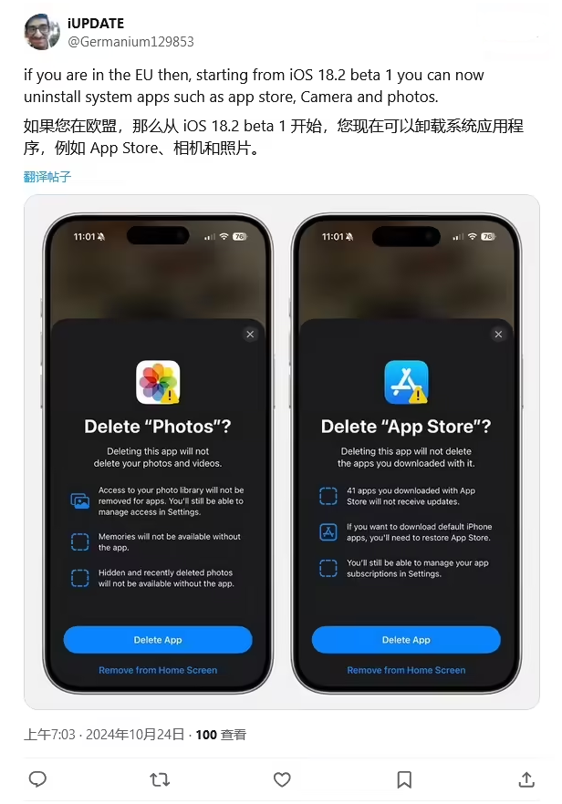 始兴苹果手机维修分享iOS 18.2 支持删除 App Store 应用商店 